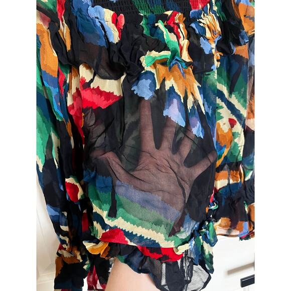 Farm Rio Chevron Tropical Forest Smocked Long Sleeve Blouse Black Small - Picture 7 of 10